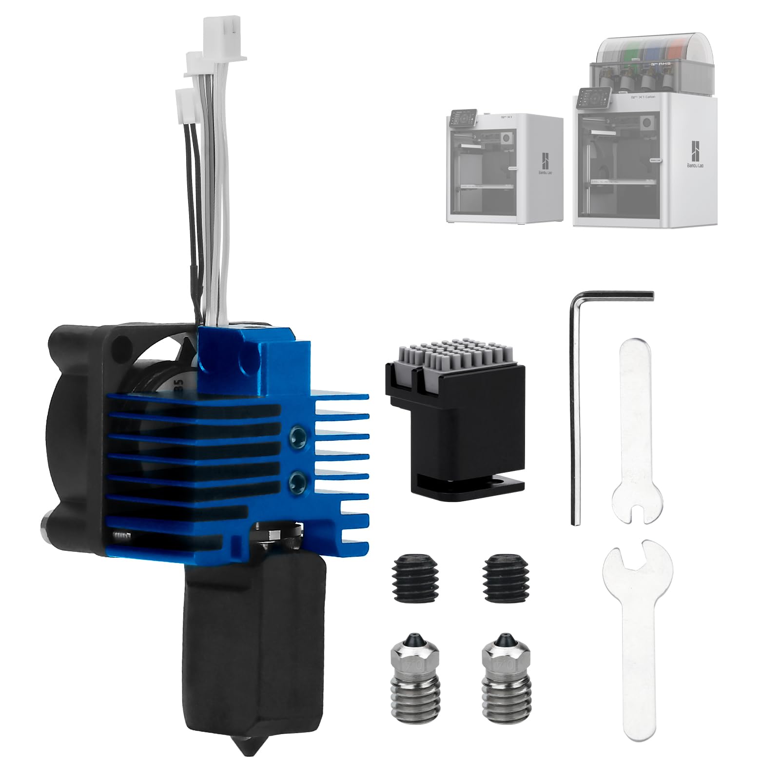 Photo 1 of **MISSING PARTS**
Bamboo Lab x1 x1c Hotend Complete Kit for x1 Series 3D Printer, Full Assembly Blue Hot End with Fan, Thermistor, 0.4mm Hardened Steel Nozzle+2pcs 0.4mm Bimetallic Nozzle