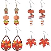 ONLYJUMP 4 Pairs Fall Thanksgiving Earrings for Women Cute Thanksgiving Turkey Pumpkin Maple Leaf Dangle Earrings Unique Milk Tea Cup EarringsThanksgiving Day Jewelry Gift