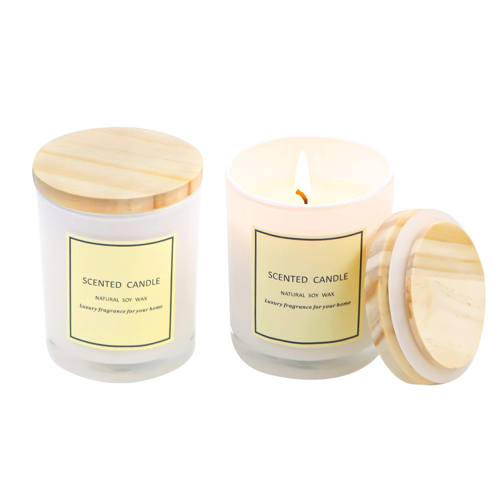 2 installed gardenia jasmine scented candles all natural soy wax with white glass and wood cover for home decoration and gifts send women Festival (Gardenia and Jasmine scent)