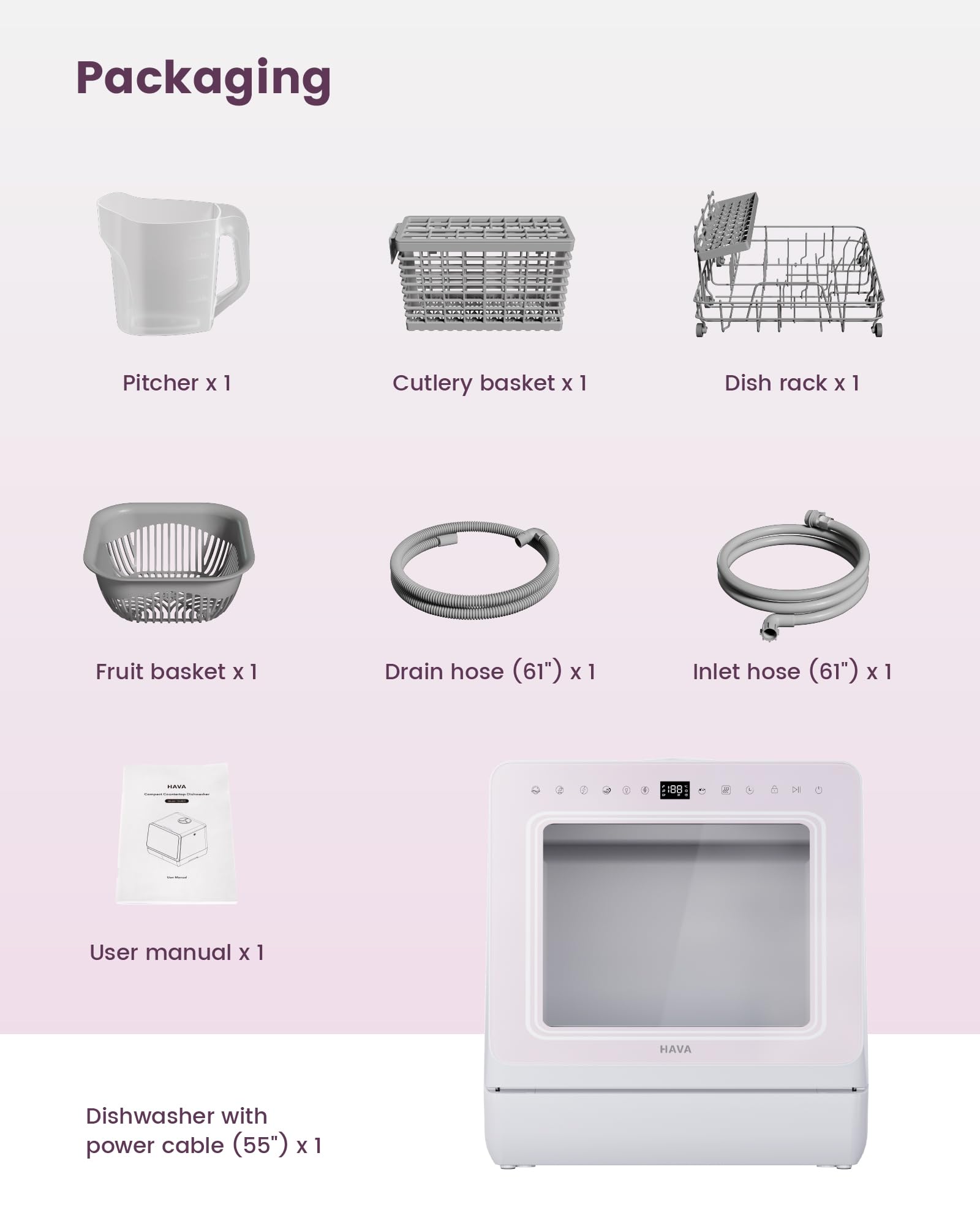 HAVA Countertop Dishwasher with Water Softener and Enhanced Energy Efficiency, Portable Dishwasher with 8 Wash Programs, Child Lock & Delayed Start Function, No Installation Needed - Misty Lilac