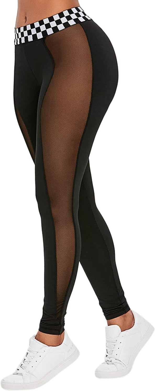 ZAFUL Women Contrast Gingham Waistband Mesh Inset Sports Leggings Gym Fitness Yoga Tights Pant