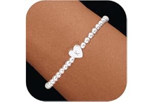 THAIVOR Beaded Bracelets for Women Dainty Heart Initial Bracelet Letter A-Z Charm Bracelet for Women Stretch Bead Ball Bracelet Trendy Jewelry Gifts