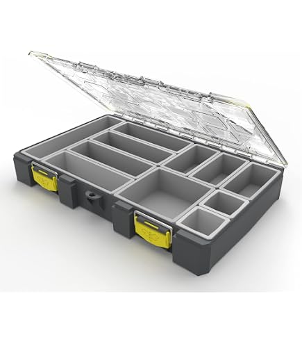 BUZBE Colony 8T (Thin) Modular Tackle Box, Customizable Waterproof Tackle Box, Plastic Organizer Box, Fishing Tackle Storage, Small Parts Box, Terminal Tackle Storage, Grey and Yellow : Sports & Outdoors