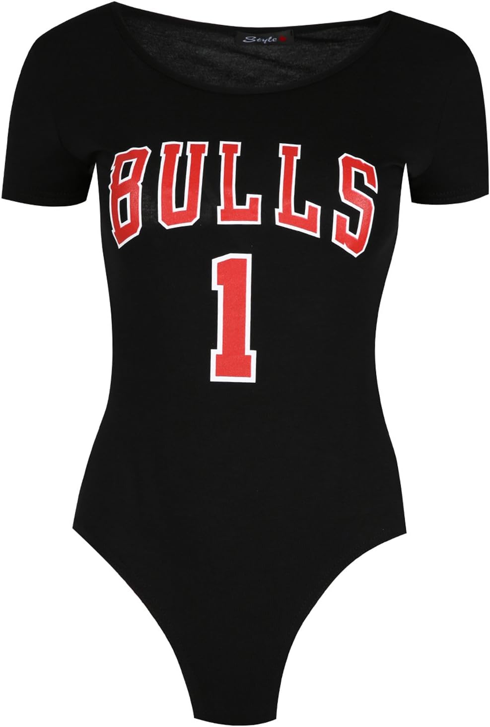Womens Ladies Jersey Cap Short Sleeve Bulls 1 Print Stretch Top Bodysuit Leotard Black