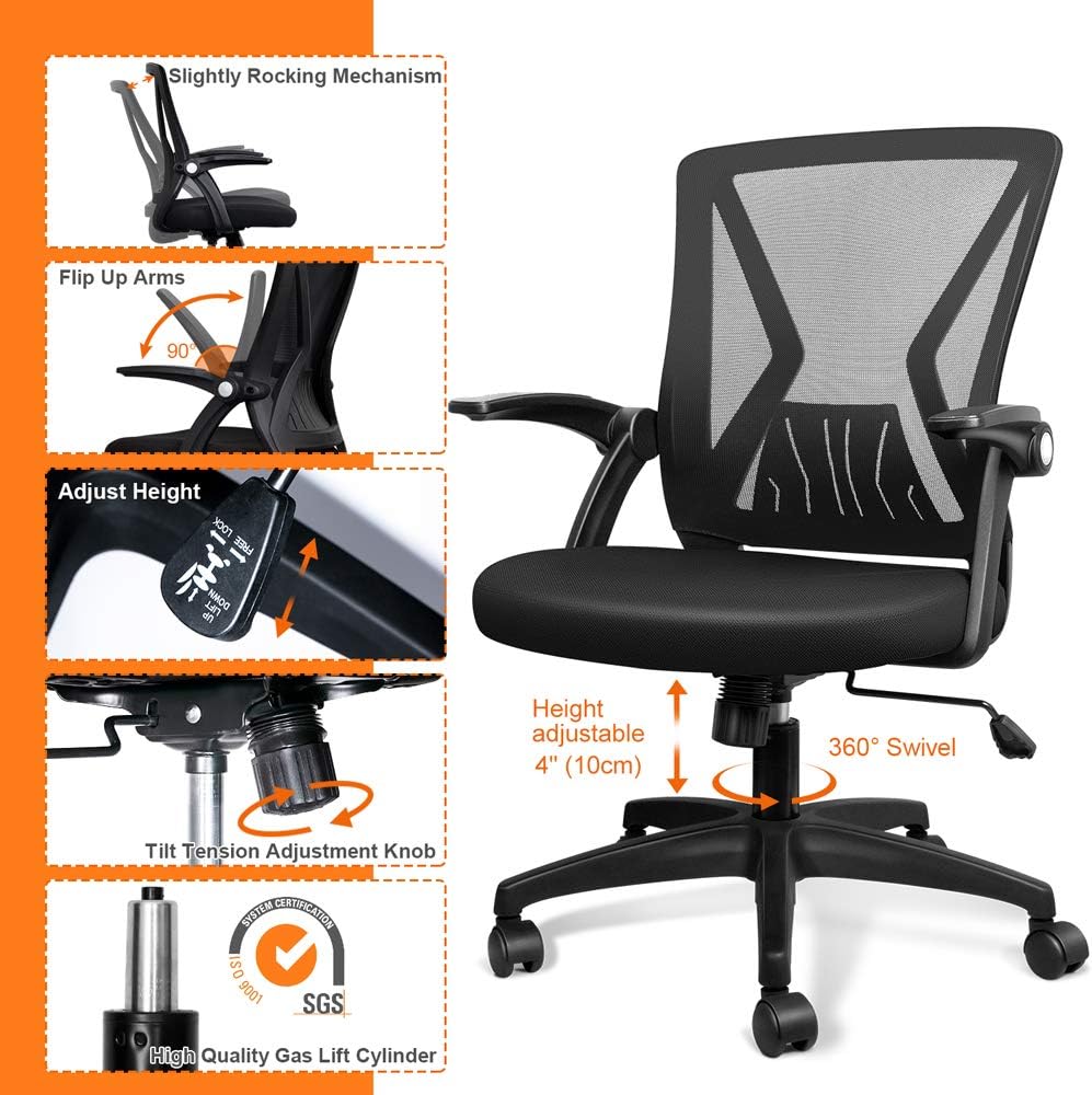 QOROOS Mid Back Mesh Office Chair Ergonomic Swivel Black Mesh Desk Chair Flip Up Arms with Lumbar Support Computer Chair Adjustable Height Task Chairs: Kitchen & Dining