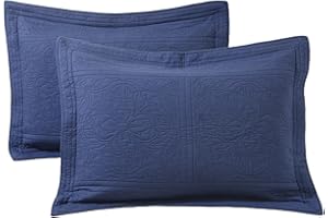 ANGIYUIN 100% Cotton Navy Blue Quilted Pillow Shams Set of 2 Standard Size, Decorative Printed Floral Bed Pillow Covers Set, 20×26 Inches