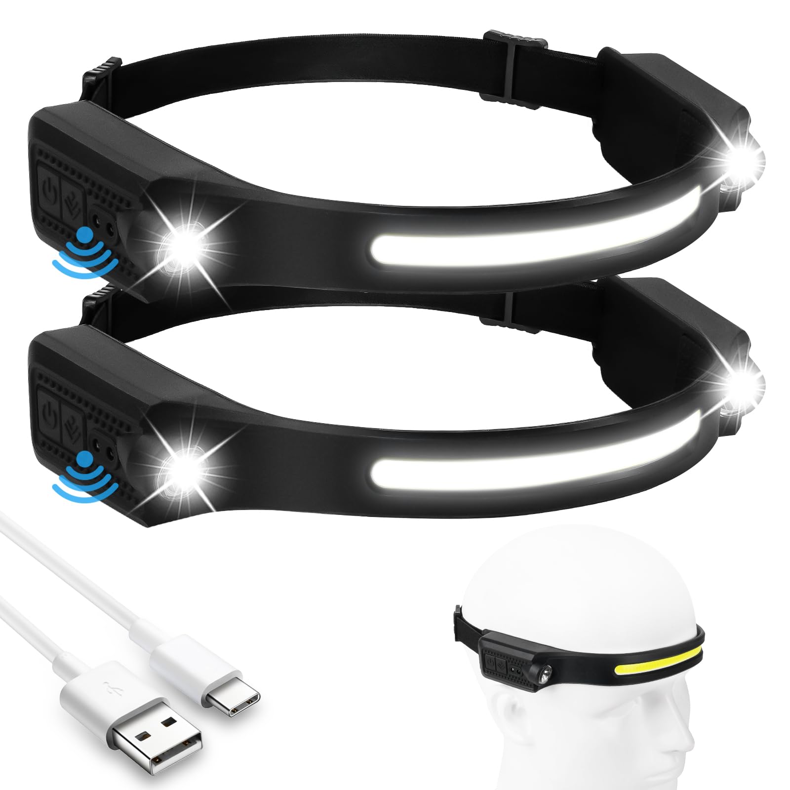 flintronic 2 PCS LED Headlamp USB Rechargeable,5 Modes 600 Lumens COB Headlight, IPX4 230°Wide-Angle Waterproof Lightweight Head Torch with Motion Sensor for Running, Hiking, Emergency 6 Hours