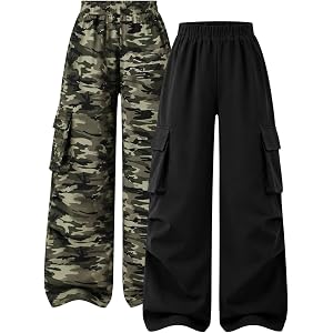 Azmxynol Tween Girl's Pants 2 Pack Trendy Wide Leg Sweatpants Cargo Pants Fall Winter, Size 7-16 Years