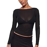INLYRIC Women's Cosnufy Mesh Sheer Long Sleeve Tops See Through Boat Neck Going Out Tops Trendy Sexy Shirts