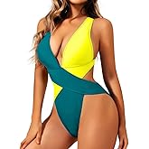 ShawGobow Sexy One Piece Swimsuit,Plunge Backless Color Block Swimsuits for Women,High Cut Scrunch Butt Monokini Beach Pool