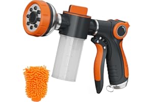 Hongmai Garden Hose Nozzle,8 Patterns Hose Sprayer High Pressure,Heavy Duty Dog Wash,Metal Water Hose Nozzle with Soap Dispenser,Car Wash Foam Gun with A Car Wash Mitt
