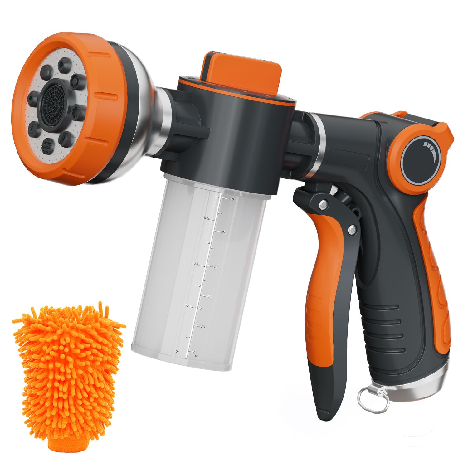 Photo 1 of Hongmai Garden Hose Nozzle,8 Patterns Hose Sprayer High Pressure,Heavy Duty Dog Wash,Metal Water Hose Nozzle with Soap Dispenser,Car Wash Foam Gun with A Car Wash Mitt