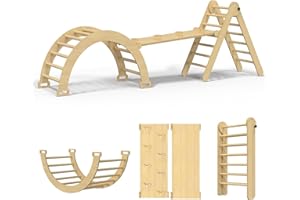 CMFYDAILY Large Pikler Triangle Set, 5 in 1 Foldable Baby Climbing Gym Indoor Montessori Climbing Set Wooden Toddler Climbing Toys with Arch, Ramp, Ladder