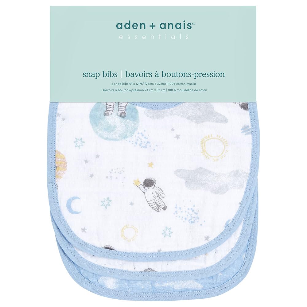 aden + anais essentials Snap Baby Bib, 100% Cotton Muslin, 3 Layer Burp Cloth, Super Soft & Absorbent for Infants, Newborns and Toddlers, Adjustable with Snaps, 3 Pack, space explorers