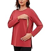Ecavus Women's Oversized Nursing Shirts with Hidden Zipper Long Sleeve Breastfeeding Shirts Side Split Maternity Tops