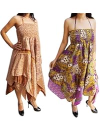 Lot Of 2 Pixie Womens Sundress Halter Neck Handkerchief Hem Recycled Sari Summer Dresses