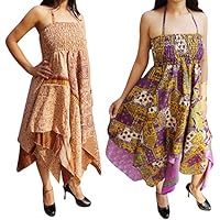 Mogul Interior Lot Of 2 Pixie Womens Sundress Halter Neck Handkerchief Hem Recycled Sari Summer Dresses