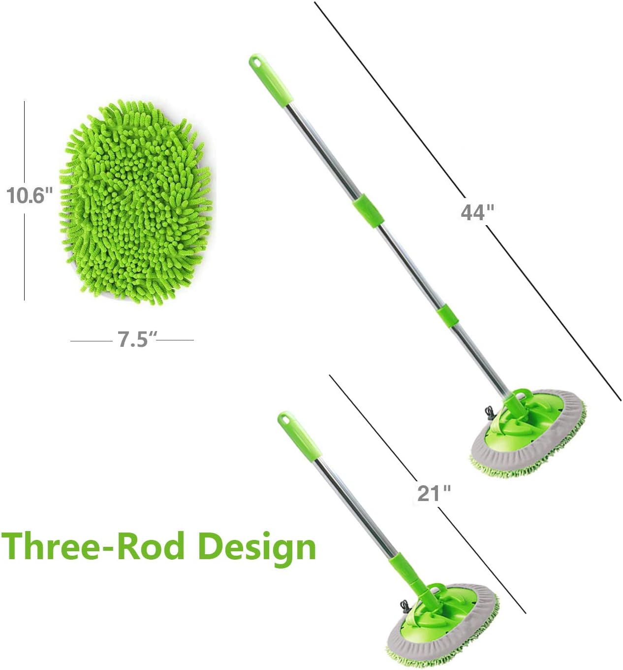 SUNPLAY 2 in 1 Car Wash Mop Mitt with Long Handle,Microfiber Car Wash Dust Brush Extension Pole 180 Degree,Scratch Cleaning Tool for Car,Truck,RV,3 Pcs Mop Heads (Green): Automotive