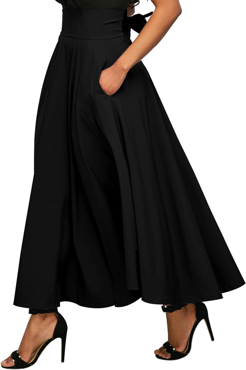 ShelovesclothingWomen's Retro High Waisted Pleated Belted Maxi Skirt (X-Large 16-18 UK, Black)