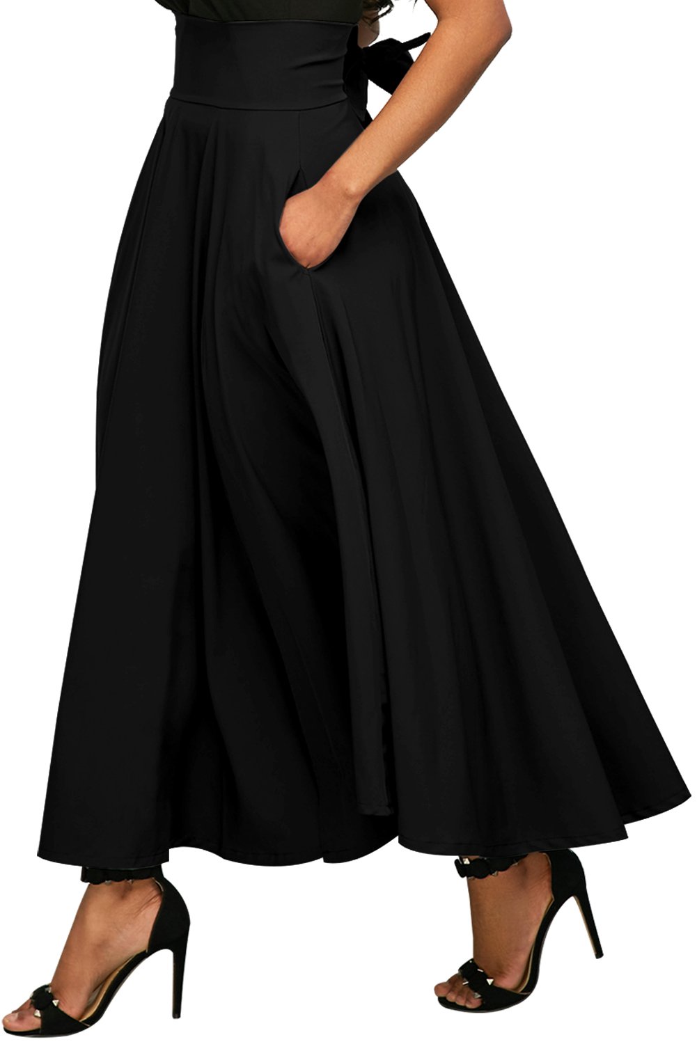 ShelovesclothingWomen's Retro High Waisted Pleated Belted Maxi Skirt (X-Large 16-18 UK, Black)