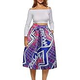 Afibi Womens African Print Skirt Boho Flare Pleated Midi Skirt with Pockets