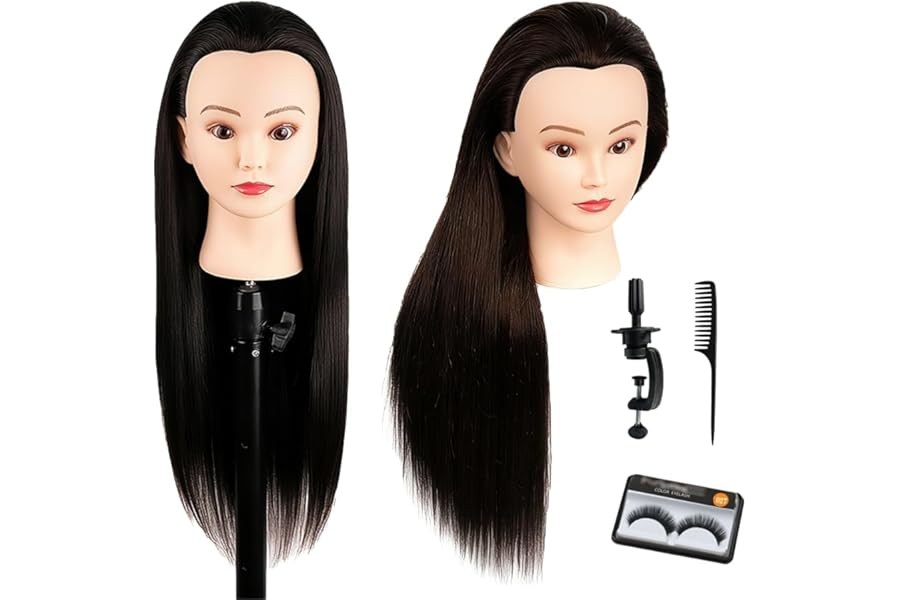 Mannequin Head with Real Hair 80% Human Hair for Hair Styling Practice, Mannequin Head for Curling Iron, Braiding & Cutting, Professional Styling Training Head with Clamp & Stand Included