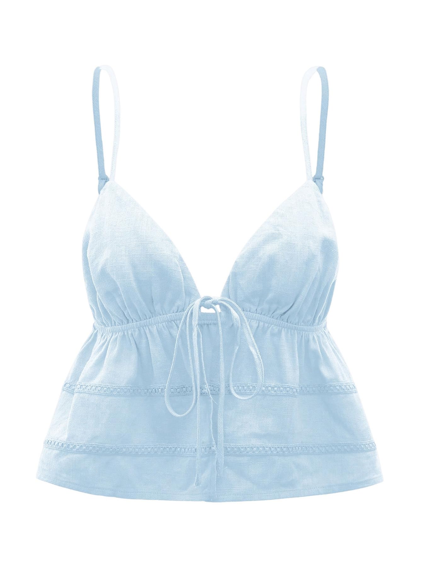 Photo 1 of *XL SIZE* OYOANGLE Women's Spaghetti Strap Deep V Neck Cami Crop Tops Tie Front Cami Sleeveless Peplum Top Light Blue X-Large