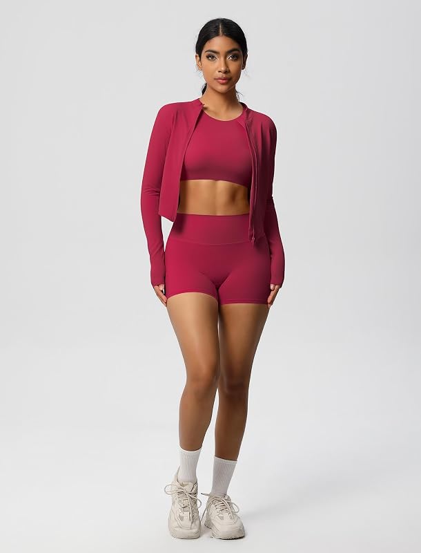 Conjunto deportivo para mujer de 3 piezas con chaqueta deportiva: conjunto de chaqueta de gimnasio + leggings cortos + camiseta sin mangas de manga corta con sujetador - ropa deportiva para