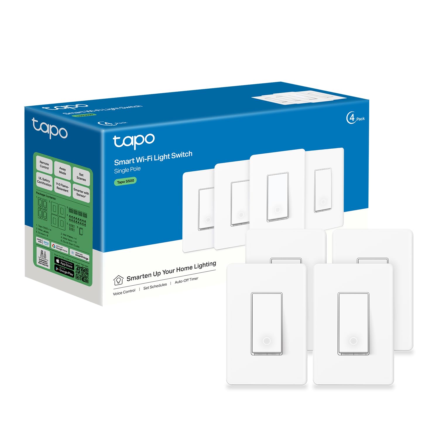 Photo 1 of TP-Link Tapo Smart Light Switch, Single Pole, Neutral Wire Required, 2.4GHz Wi-Fi Light Switch Compatible with Alexa and Google Home, UL Certified, No Hub Required, White, Tapo S500(4-Pack)