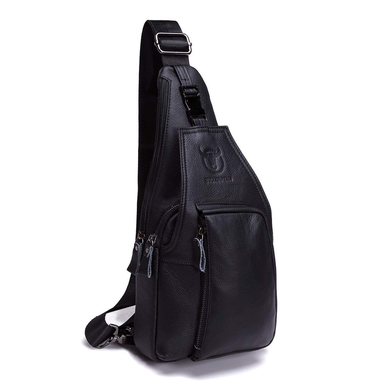 BULLCAPTAIN Men Chest Bag, HARMILIY Genuine Leather Crossbody Shoulder Bag Sling Bags Backpack Messenger Bag Daypack For Business Casual Sport Hiking Travel Black