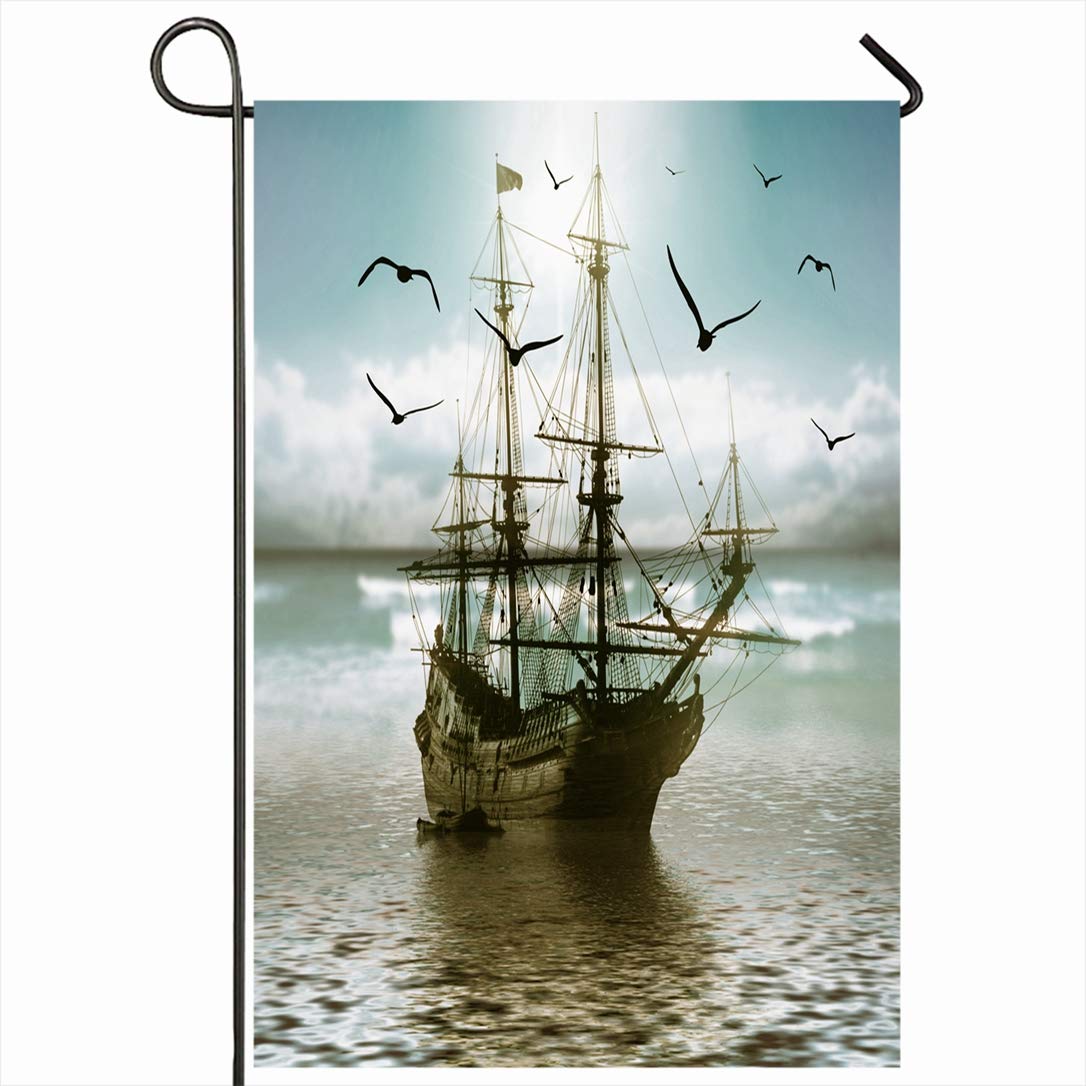 Ahawoso Outdoor Garden Flag 12x18 Inches Ship Sailboat Against Beautiful Landscape Abstract Nature Cold River Space Dark Dawn Evening Horizon Seasonal Home Decor Welcome House Yard Banner Sign Flags