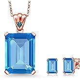 18K Rose Gold Plated Silver Swiss Blue Topaz and Blue Diamond Pendant and Earrings Jewelry Set For Women (17.43 Cttw, Gemstone November Birthstone, Emerald Cut 18X13MM and 6X4MM, with 18 Inch Chain)