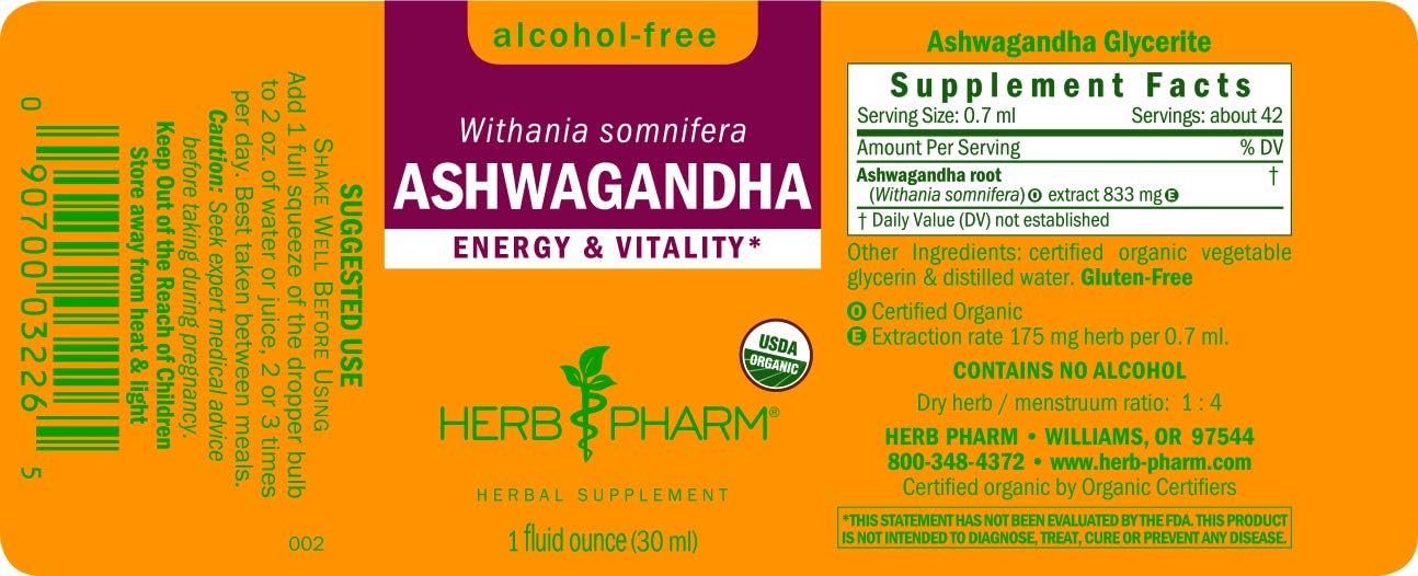 Herb Pharm Certified Organic Ashwagandha Extract for Energy and Vitality, Alcohol-Free Glycerite, 1 Ounce: Health & Personal Care