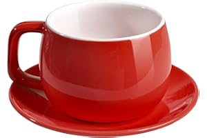 ionEgg Porcelain Coffee Cup with Saucer 270ml/9oz, Minimalist Design, Perfect for Latte, Cappuccino, and Tea, Red