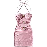 Milumia Women's Metal Flower Cut Out Front Halter Dress Party Mini Dresses