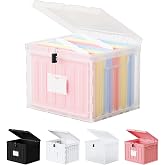 Small File Cabinet, Plastic File Box with Lid for Letter Size Hanging File Folders, Easy Carry Filling Box for Home, Office, School, Vertical File Cabinets, Stackable Storage Bins(Clear, 1 Pack)
