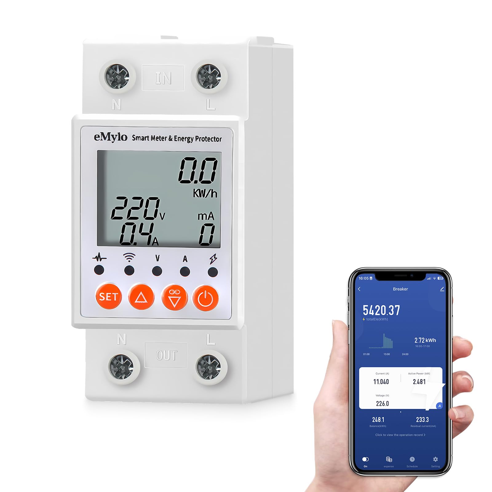 Chatthen Smart Meter Single-Phase AC 63A 80-400V, WiFi Energy Meter 35mm Din Rail Electricity Energy Monitor APP Remote Control, Circuit Breaker and Leakage Protection Suitable for Home Flat Factory