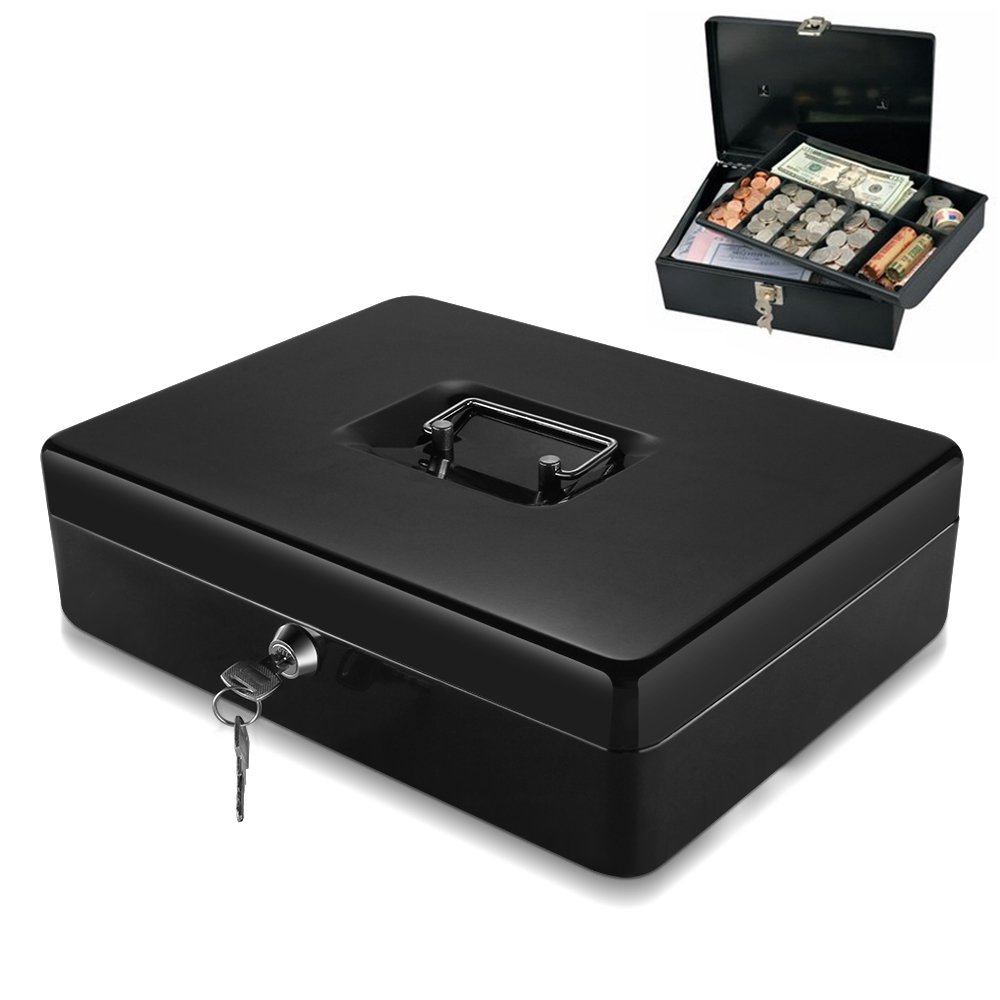 Flexzion Cash Box with Money Tray Coin Slot, Security Lock Box with Removable 9 Compartment Tray Steel Construction Cashier Drawer Money Safe Storage for Currency Bill Check Jewelry, Small Portable
