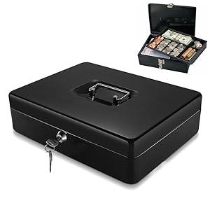 Flexzion Cash Box with Money Tray Coin Slot, Security Lock Box with Removable 9 Compartment Tray Steel Construction Cashier Drawer Money Safe Storage for Currency Bill Check Jewelry, Small Portable