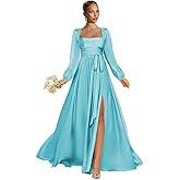 YULAO DA Satin Bridesmaid Dresses for Women Square Neck Wedding Guest Dress Long Sleeve Formal Dresses with Slit