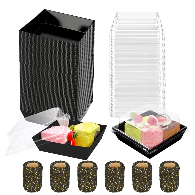 Photo 1 of (few missing items) 
TANEMUDO 200 Pack Charcuterie Boxes with Clear Lids and Rope for 4 Inches Cake Boxes Disposable Square Dessert Food Containers for Bakery Cookies Strawberries Fruits Display (Black)