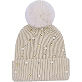 Womens Slouchy Winter Beanie Hat with Fur Ball Pompom Beanie Pearl Beads Fall Hat Warm Thick Knit Skull Ski Cap