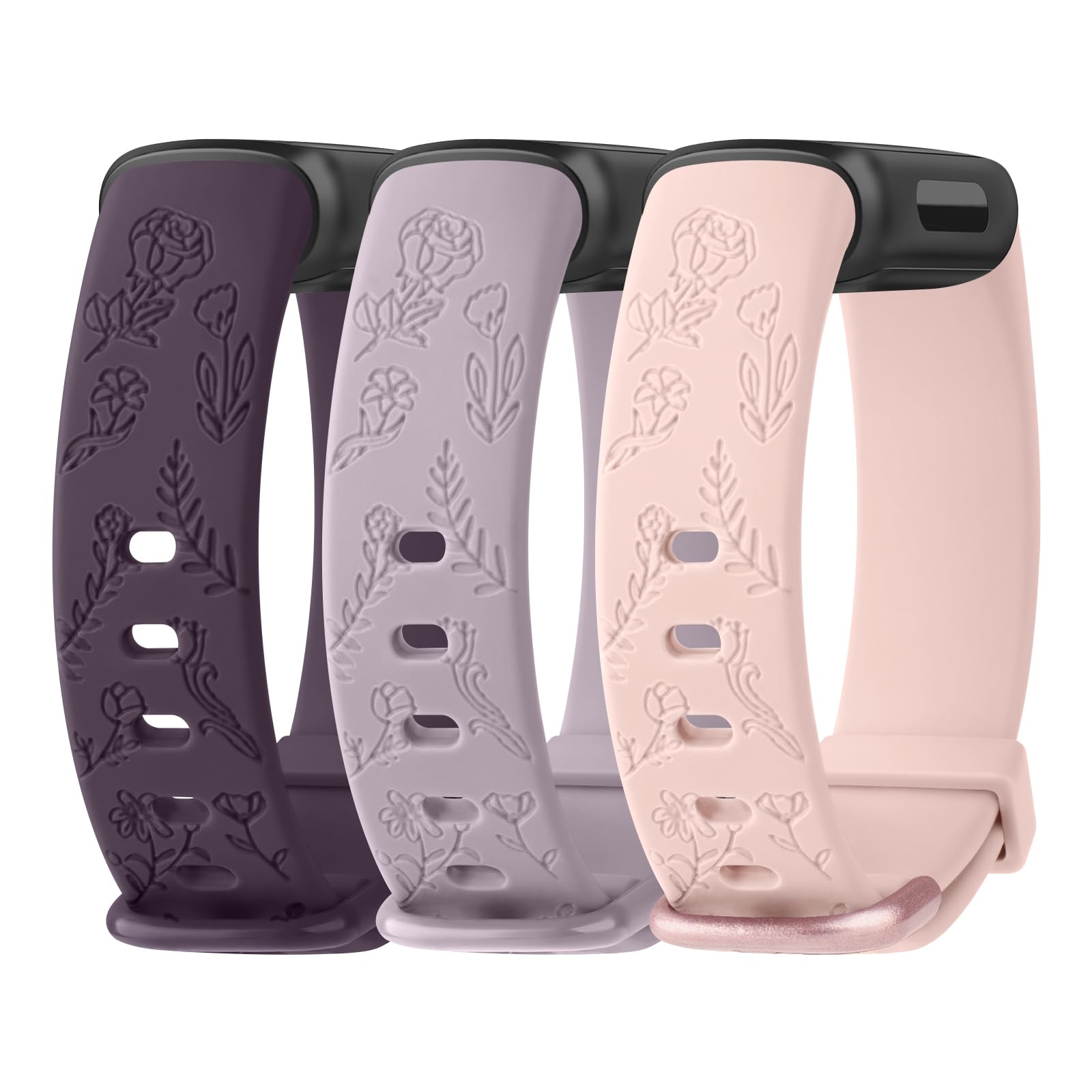 Tobfit Flower Pattern Strap compatible for Fitbit Inspire 3 Straps for Women Men, Fashionable Soft Silicone Engraved Replacement Straps Watchband for Inspire 3 (Lavender grey/Pink/Deep purple)