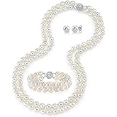 The Pearl Source Sterling Silver Round White Freshwater Cultured Pearl Double Strand Necklace, Bracelet & Earrings Set in 17-18" Princess Length for Women