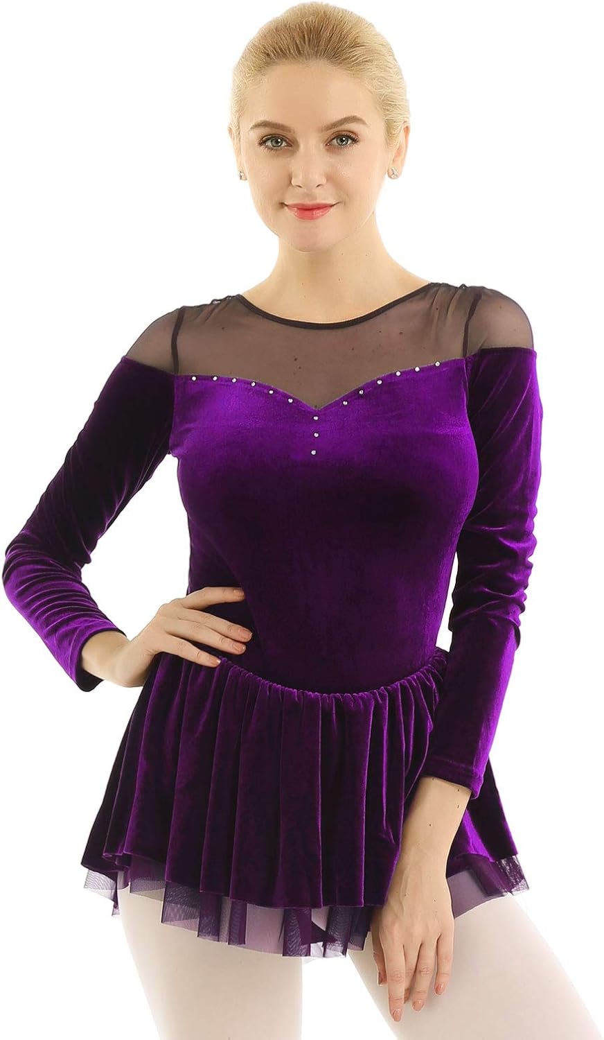 Agoky Women's Double Layer Mesh Shoulder Velvet Long Sleeve Dance Leotard Dress Figure Ice Skating Wrap Skirt: Clothing