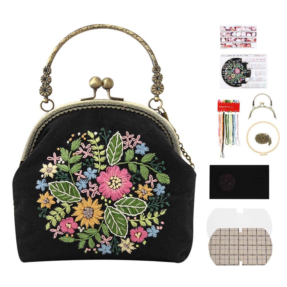Embroidery Starter Kit, Vintage Purse Bag Embroidery Kit with Pattern Instructions Bamboo Hoops Threads for Beginners Crafters DIY Enthusiasts Star Flower Design