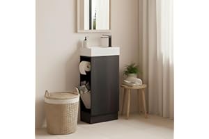 JINDOLI 16" Small Bathroom Vanity with Sink - Black:Small Space Fit,2 Toilet Paper Holders & Storage Pocket,Adjustable Shelve,Soft Closing Door & Quiet Hinges,Floor-Standing Extra Storage