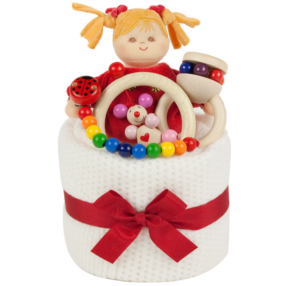 送料無料 出産祝い ベビーギフト Granpapa グランパパ おくるみブランケット 木のラトル おもちゃホルダー 木のベル お人形ラトル ファーストケーキ ギフトセット ホワイト ホワイト B074d1fw3y 限定価格セール Firstcity Edu My