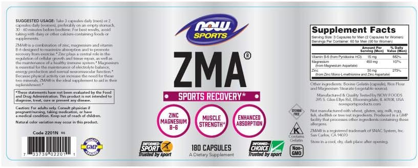 NOW Sports Nutrition, ZMA (Zinc, Magnesium and Vitamin B-6), Enhanced Absorption, Sports Recovery*, 180 Capsules: Health & Personal Care