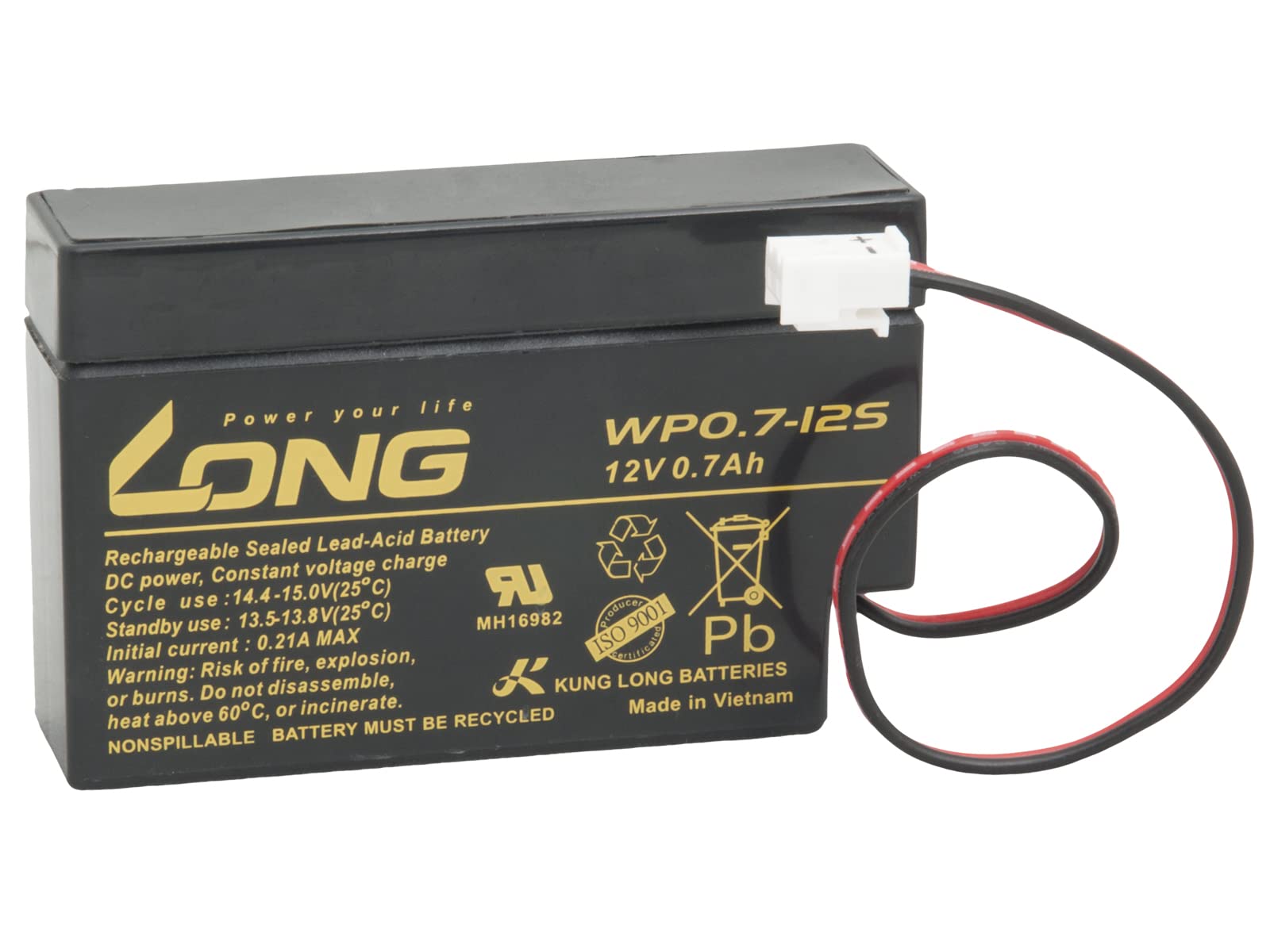 LONG PBLO-12V000.7 12V 0.7 Ah Lead-Acid Battery JST (WP0.7-12S)